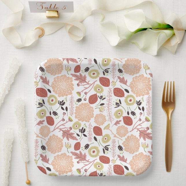 Playful Mix Peach Green Illustrated Flowers Leaves Paper Plate (Wedding)