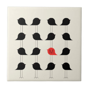 Playful Modern Black Red Birds Pattern Monogram Tile