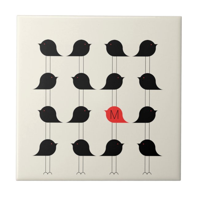 Playful Modern Black Red Birds Pattern Monogram Tile (Front)