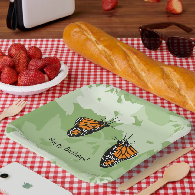 Playful Monarch Butterflies Green Paper Plate (Picnic)