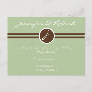 Playful Monogram in Sage Green and Brown RSVP Post Invitation Postcard