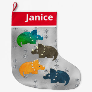 Playful Multicolor Dinosaurs on Silver Large Christmas Stocking
