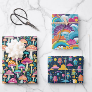 Playful Mushrooms Rainbows and Robots Wrapping Paper Sheet