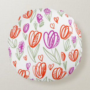 Playful naive tulip flower seamless pattern round pillow