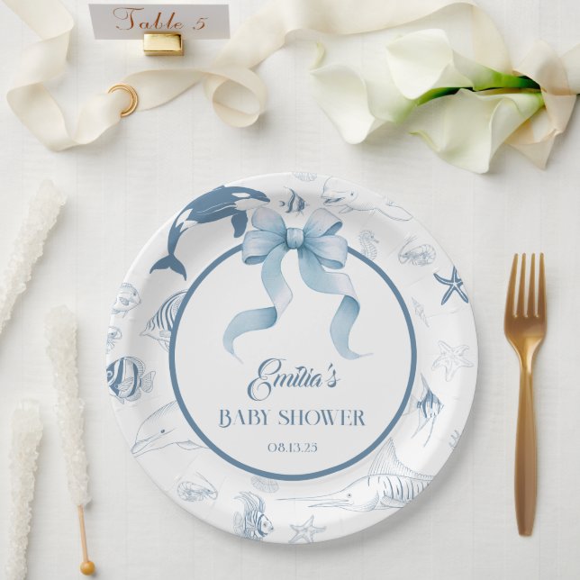 Playful Ocean Blue Sea Life Baby Shower Paper Plate (Wedding)