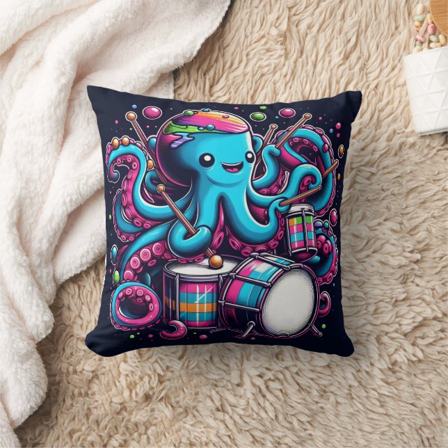 Playful Octopus Drumming Underwater Party Throw Pillow (Blanket)