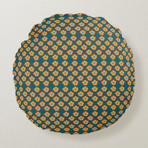Playful Orange and Dark teal Floral Round Pillow