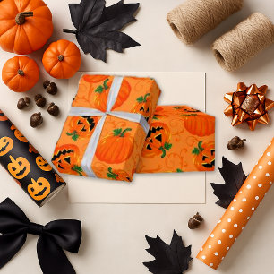 Playful Orange Cartoon Pumpkin Halloween Wrapping Paper