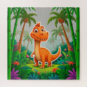 Playful Orange Dinosaur in Lush Jungle Setting Jigsaw Puzzle