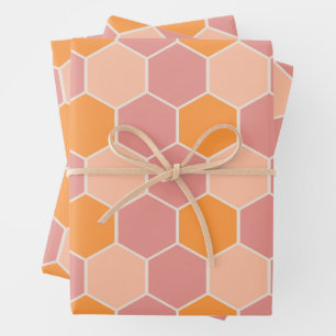 Playful Orange & Pink Sunny Honey Bee Hexagon Wrapping Paper Sheet