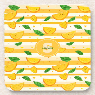 Playful Orange Slice Pattern with Green Leaves Coaster