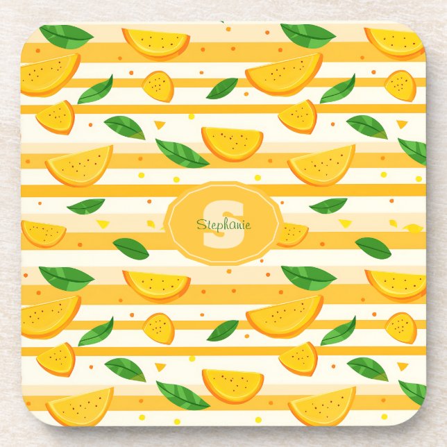 Playful Orange Slice Pattern with Green Leaves Coaster (Front)