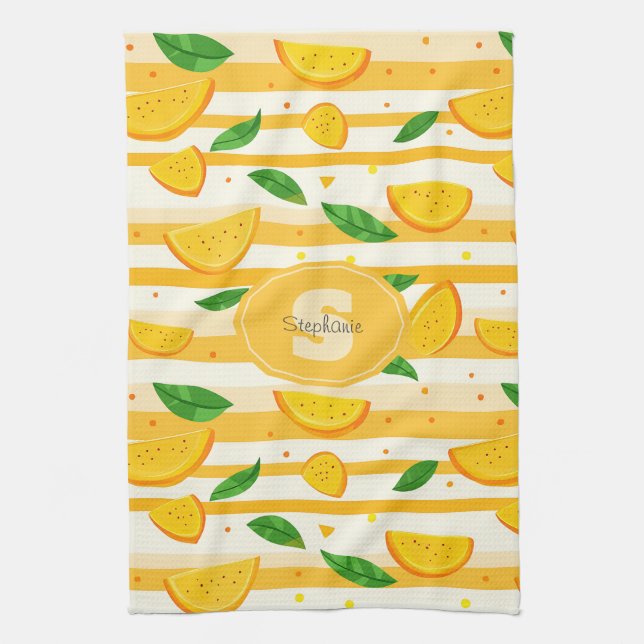 Playful Orange Slice Pattern with Green Leaves Kitchen Towel (Vertical)