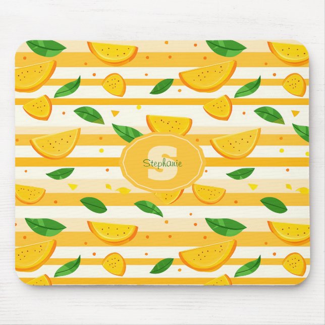 Playful Orange Slice Pattern with Green Leaves Mouse Pad (Front)