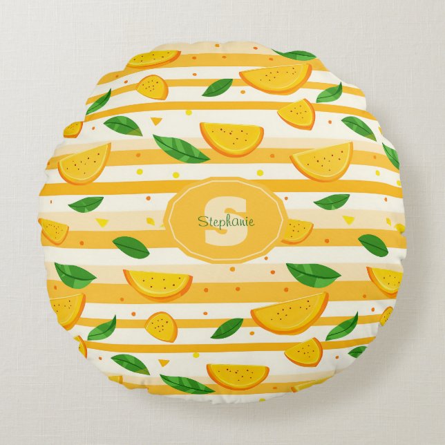 Playful Orange Slice Pattern with Green Leaves Round Pillow (Front)
