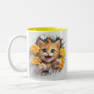 Playful Orange Tabby Kitten Breaking Through A Cra Two-Tone Coffee Mug
