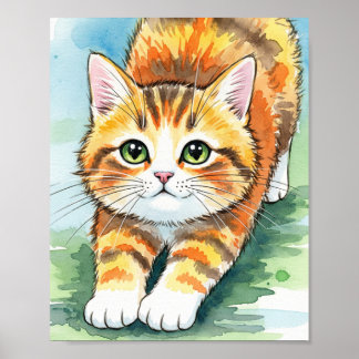 Playful Orange Tabby Kitten Watercolor Art Poster