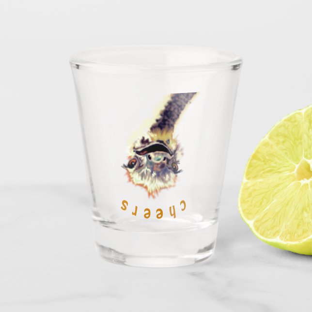 Playful Ostrich Shot Glass Cheers (Front)