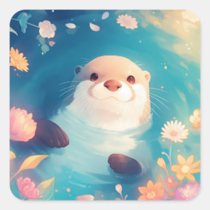 Playful Otter Sticker with Colorful Flowers