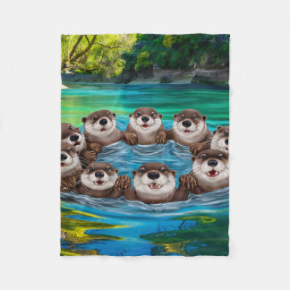 Playful Otters in a River Circle Fleece Blanket