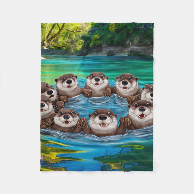 Playful Otters in a River Circle Fleece Blanket (Front)