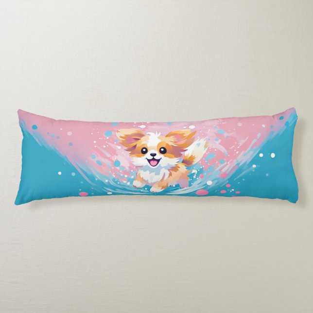 Playful Papillon Pup: Splash of Pink and Blue Body Pillow (Front)