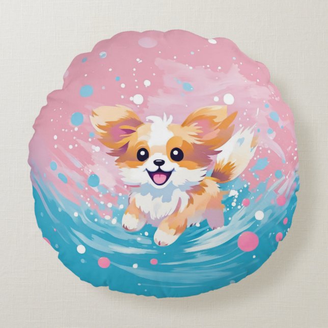 Playful Papillon Pup: Splash of Pink and Blue Round Pillow (Front)