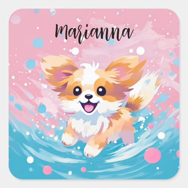 Playful Papillon Pup: Splash of Pink and Blue Square Sticker (Front)