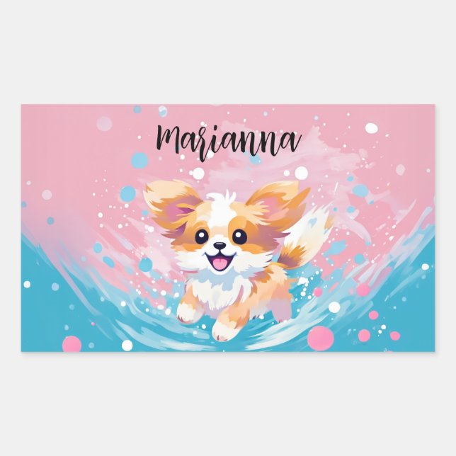 Playful Papillon Pup: Splash of Pink and Blue Sticker (Front)