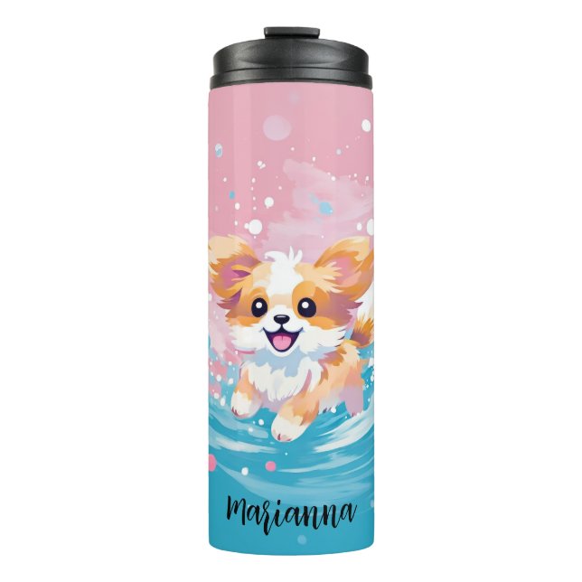 Playful Papillon Pup: Splash of Pink and Blue Thermal Tumbler (Front)