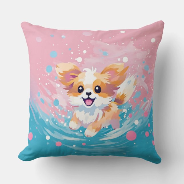 Playful Papillon Pup: Splash of Pink and Blue Throw Pillow (Front)