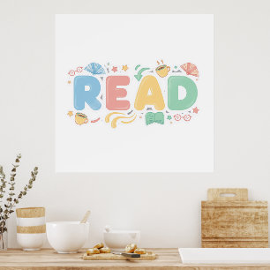 Playful Pastel Bubble "READ" Sticker Style Poster