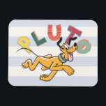 Playful Pastel Pluto Magnet<br><div class="desc">Add a touch of whimsical charm to your collection with this delightful and energetic Pluto graphic! Featuring a happy, bounding Pluto set against a clean pale blue and white striped background, this design radiates a fresh, "sunny day" feel. The playful, mismatched typography spells out "PLUTO" in a mix of soft...</div>
