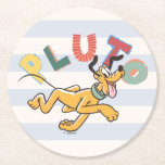Playful Pastel Pluto Round Paper Coaster<br><div class="desc">Add a touch of whimsical charm to your collection with this delightful and energetic Pluto graphic! Featuring a happy, bounding Pluto set against a clean pale blue and white striped background, this design radiates a fresh, "sunny day" feel. The playful, mismatched typography spells out "PLUTO" in a mix of soft...</div>