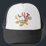 Playful Pastel Pluto Trucker Hat<br><div class="desc">Add a touch of whimsical charm to your collection with this delightful and energetic Pluto graphic! Featuring a happy, bounding Pluto set against a clean pale blue and white striped background, this design radiates a fresh, "sunny day" feel. The playful, mismatched typography spells out "PLUTO" in a mix of soft...</div>