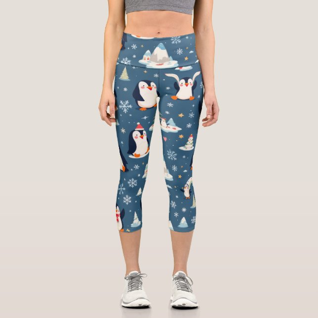 Playful Penguin Pattern Capri Leggings (Front)