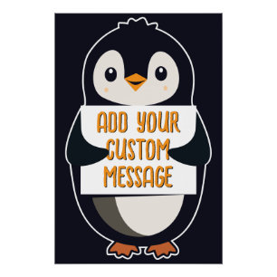 Playful penguin with a sign for your message