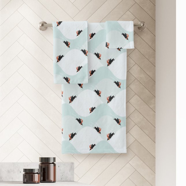 Playful Penguins Sliding on Snow Pattern Bath Towel Set (Penguins Sledding in the snow pattern bath towel set)