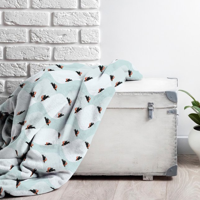 Playful Penguins Sliding on Snow Pattern Fleece Blanket (Penguins in the snow pattern fleece blanket)
