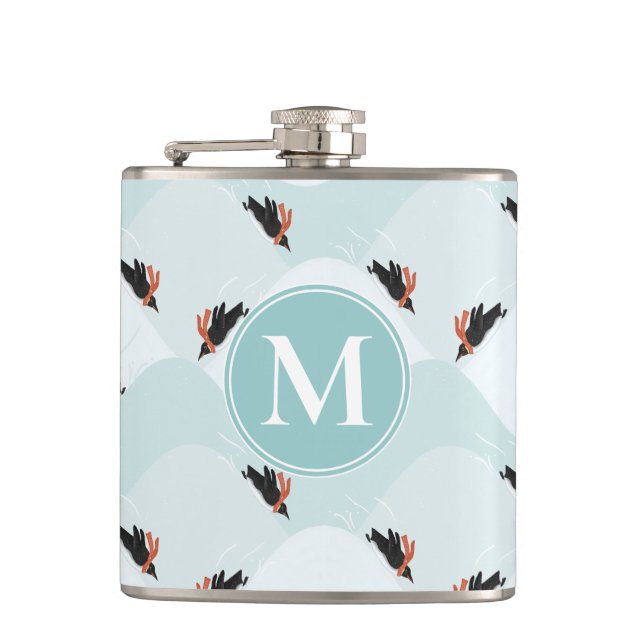 Playful Penguins Sliding on Snow Pattern Hip Flask (Front)
