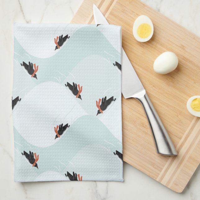 Playful Penguins Sliding on Snow Pattern Kitchen Towel (Quarter Fold)