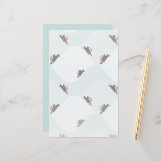 Playful Penguins Sliding on Snow Pattern Stationery (Front/Back In Situ)