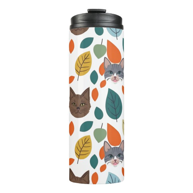 Playful Pet Faces and Autumn Leaves Pattern Thermal Tumbler (Front)