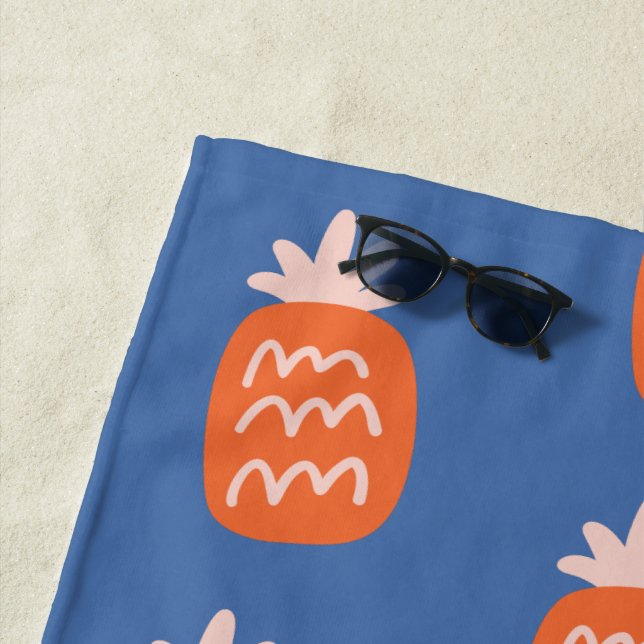 Playful Pineapple Pattern in Blue and Orange Beach Towel (In Situ)