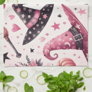 Playful Pink and Black Witches Hats Kitchen Towel
