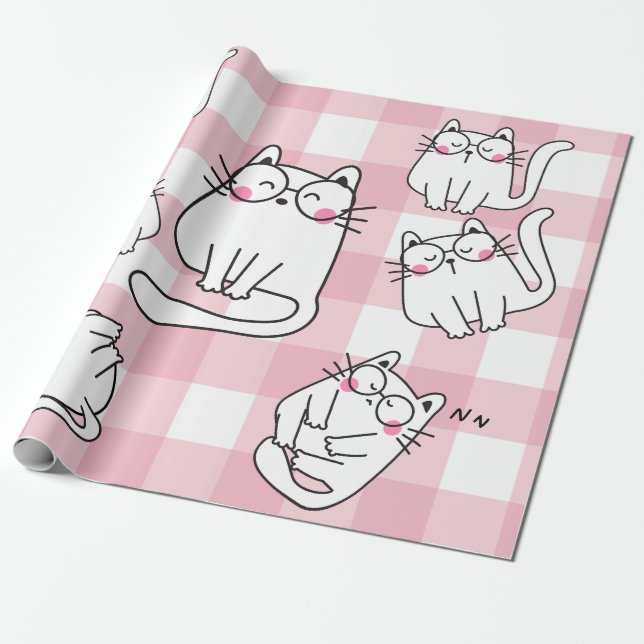 Playful Pink Cat Illustration Wrapping Paper (Unrolled)