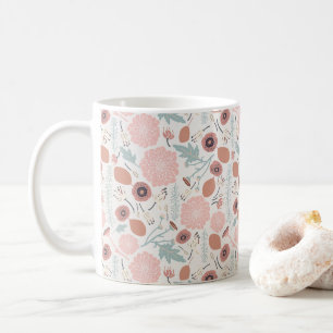 Playful Pink Cream Blue Repeat Floral Print Coffee Mug