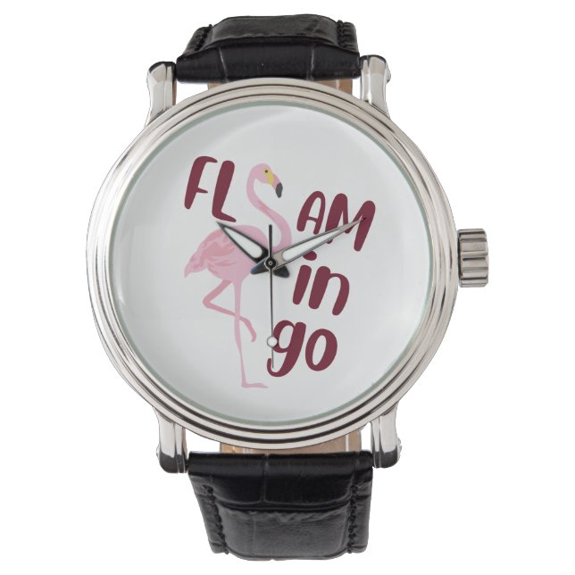 Playful Pink Flamingo Typography Art Watch (Front)
