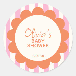 Playful Pink Orange Striped Scallop Baby Shower  Classic Round Sticker