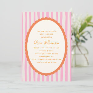 Playful Pink Orange Striped Scallop Baby Shower  Invitation
